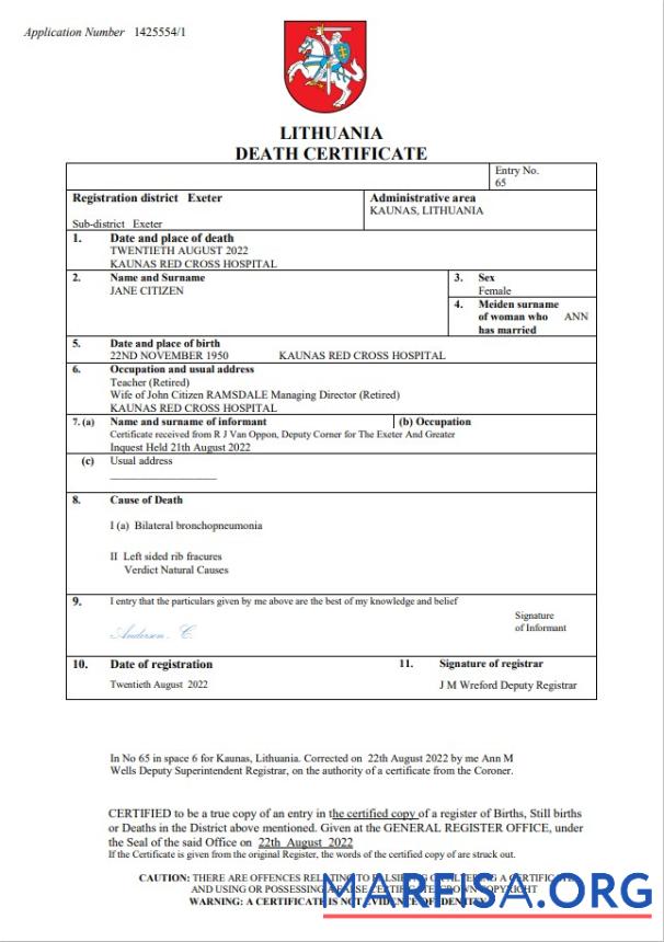 Realistic Lithuania vital record death certificate Word and PDF template